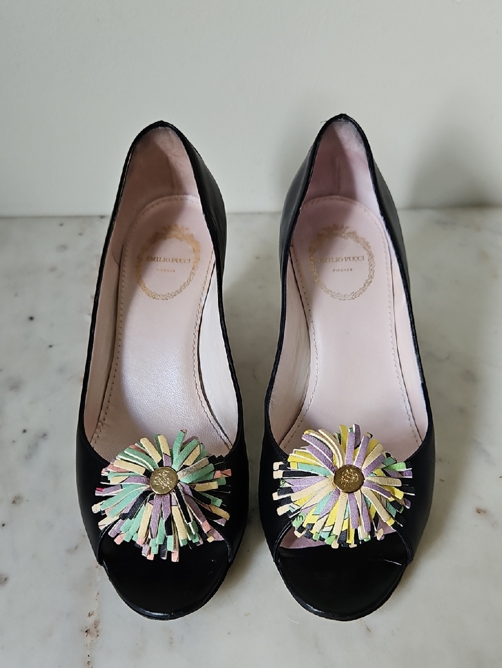 EMILIO PUCCI: Black leather logo Peep Toe Heels with Pastel Tassel Rosettes